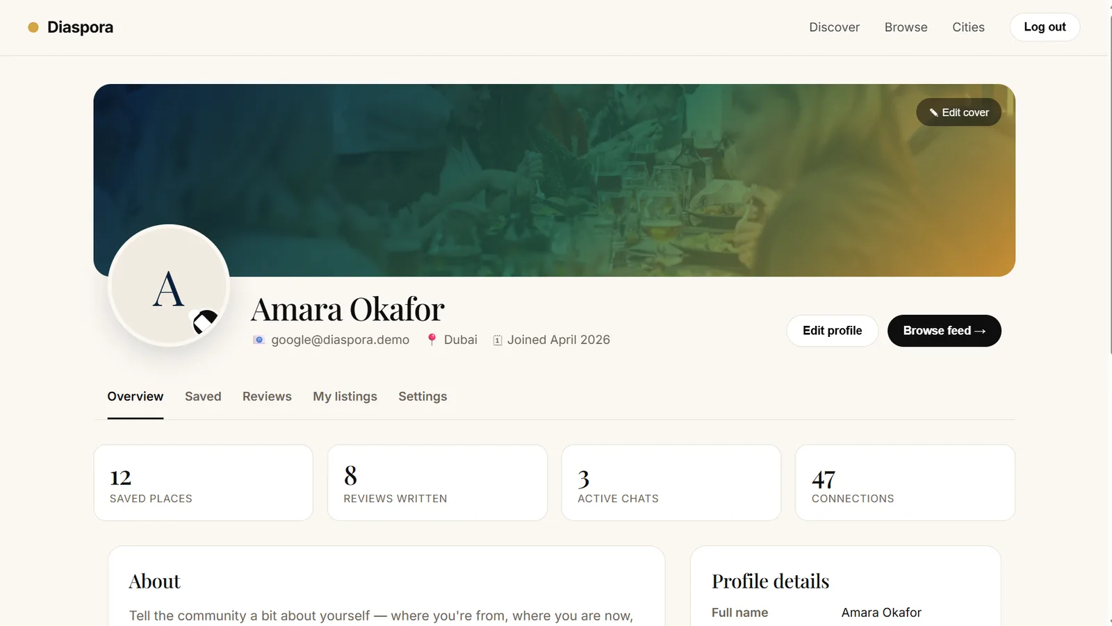 TheDiaspora app member profile screen with community identity and profile details